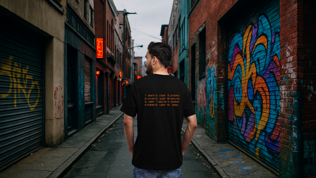 Bitcoin user walking confidently in privacy-focused seed phrase t-shirt.