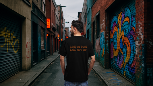 Bitcoin user walking confidently in privacy-focused seed phrase t-shirt.